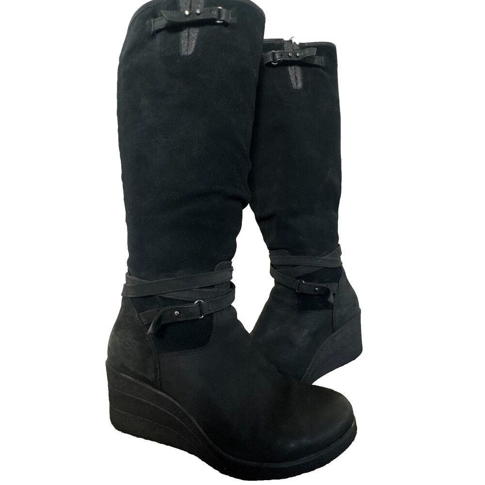 UGG Australia Shasta Tall Waterproof Wedge Boots Black Women's 8 Leather